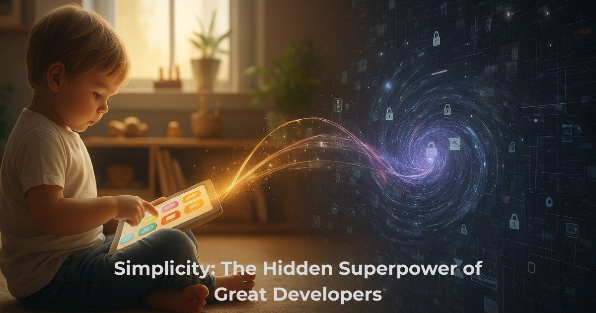 A minimalist digital illustration of a developer sitting at a desk surrounded by glowing code lines and app icons, symbolizing simplicity in technology design and the power of intuitive digital experiences.