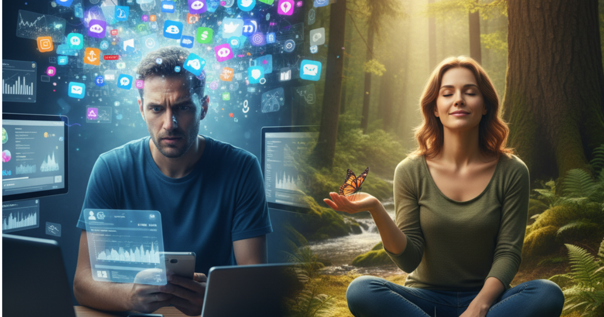 Split image showing a stressed man surrounded by overwhelming digital notifications on the left, and a peaceful woman meditating in a forest with a butterfly on her hand on the right.