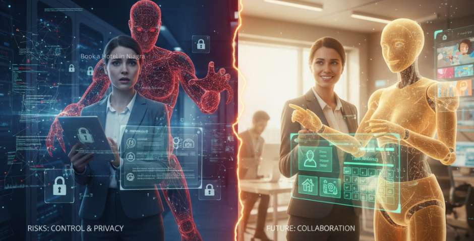 Illustration showing risks and challenges of Agentic AI such as data privacy, errors, and over-reliance on automation.