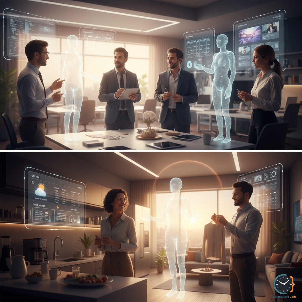 Futuristic city scene showing humans and AI working together in offices and homes, symbolizing the future of Agentic AI.