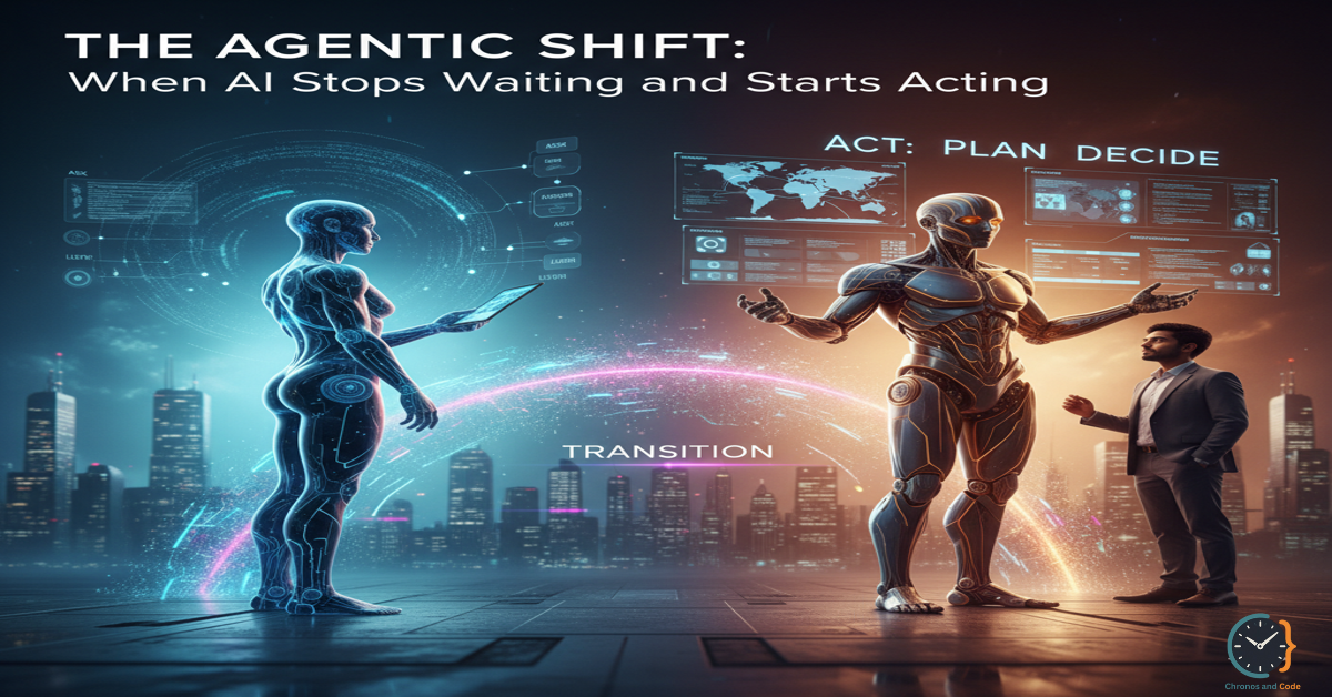 Two humanoid AI figures in a futuristic city represent the transition from reactive assistants to proactive agents, symbolizing the rise of Agentic AI that plans, decides, and acts on its own.