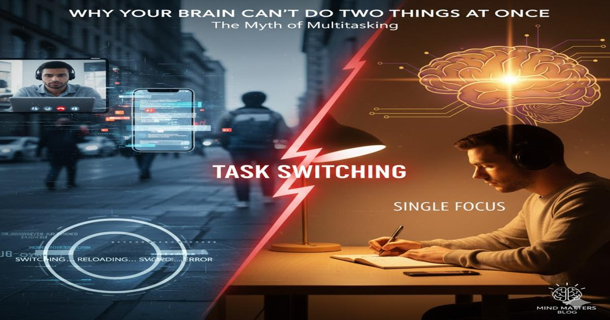 Split image showing the difference between multitasking and focus one side with digital distractions and the other side calm and concentrated, symbolizing why the brain can’t do two things at once.
