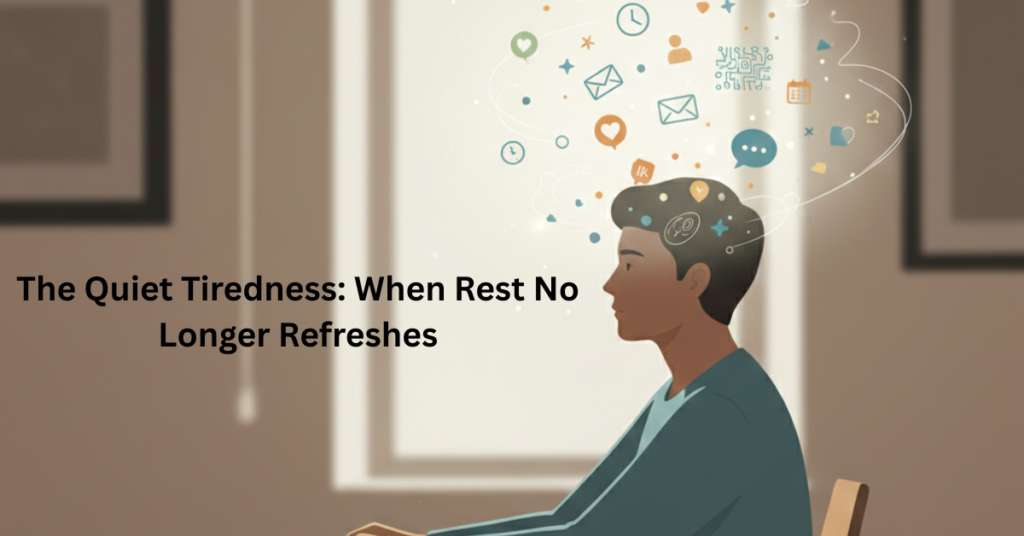 Person sitting quietly with notifications floating above the head, representing mental tiredness and invisible mental overload
