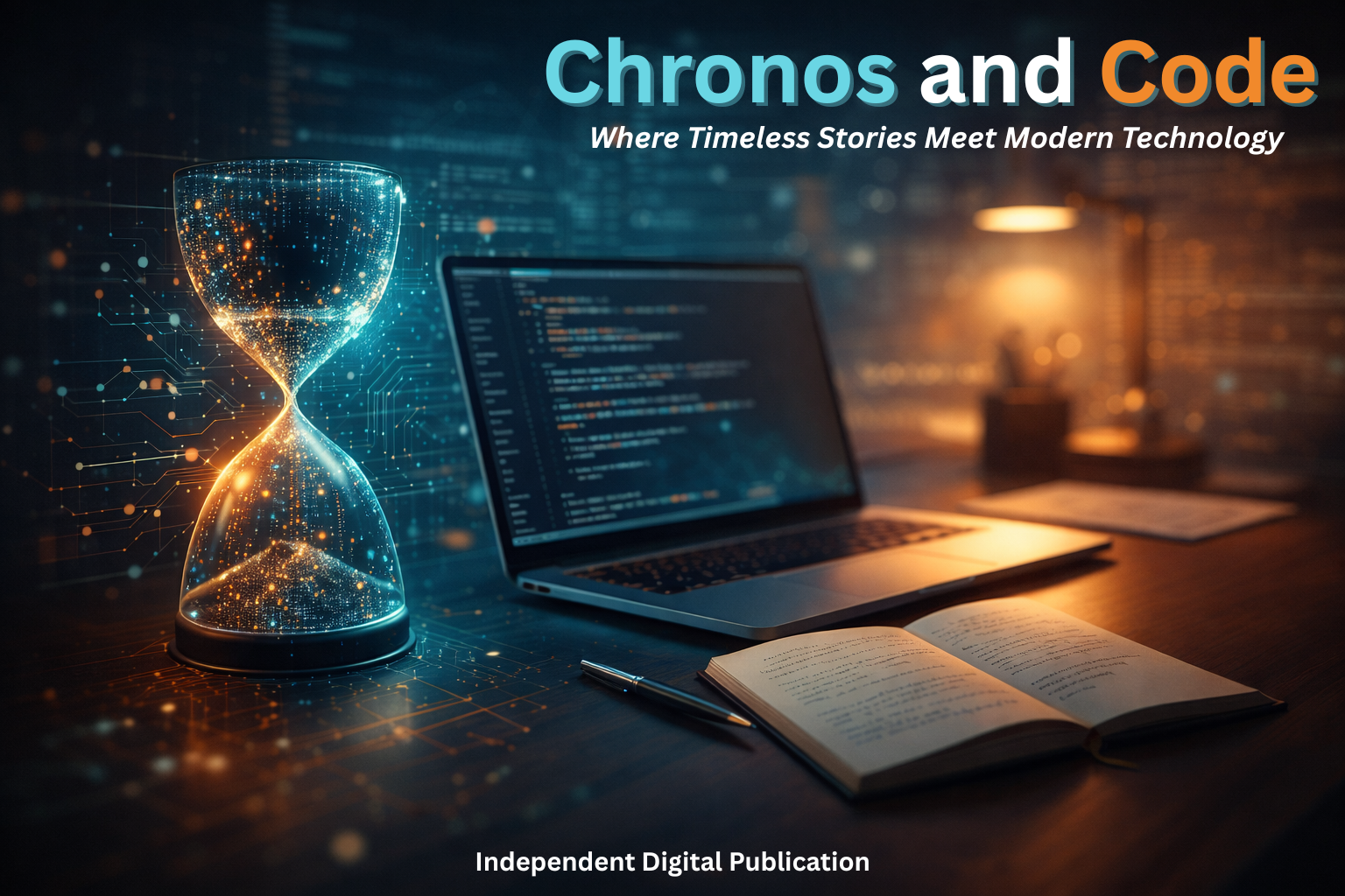 Chronos and Code banner showing a digital hourglass, laptop with code, and notebook representing thoughtful writing and modern technology.