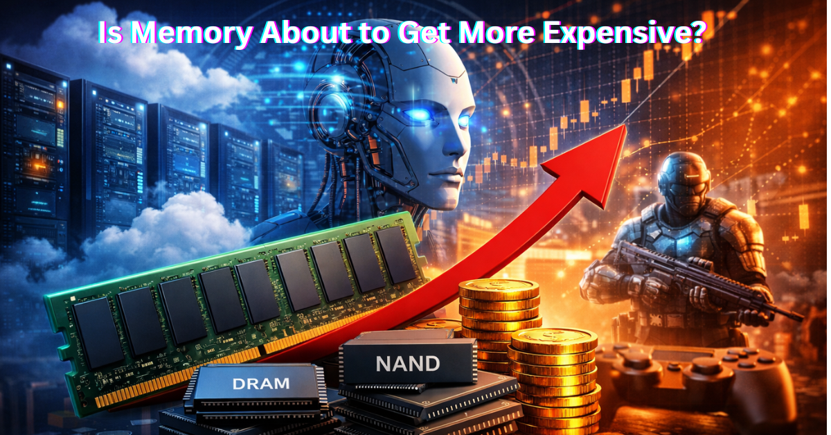 Illustration of RAM and memory chips with a rising price arrow, AI robot, servers, and gaming elements symbolizing increasing global demand for memory.
