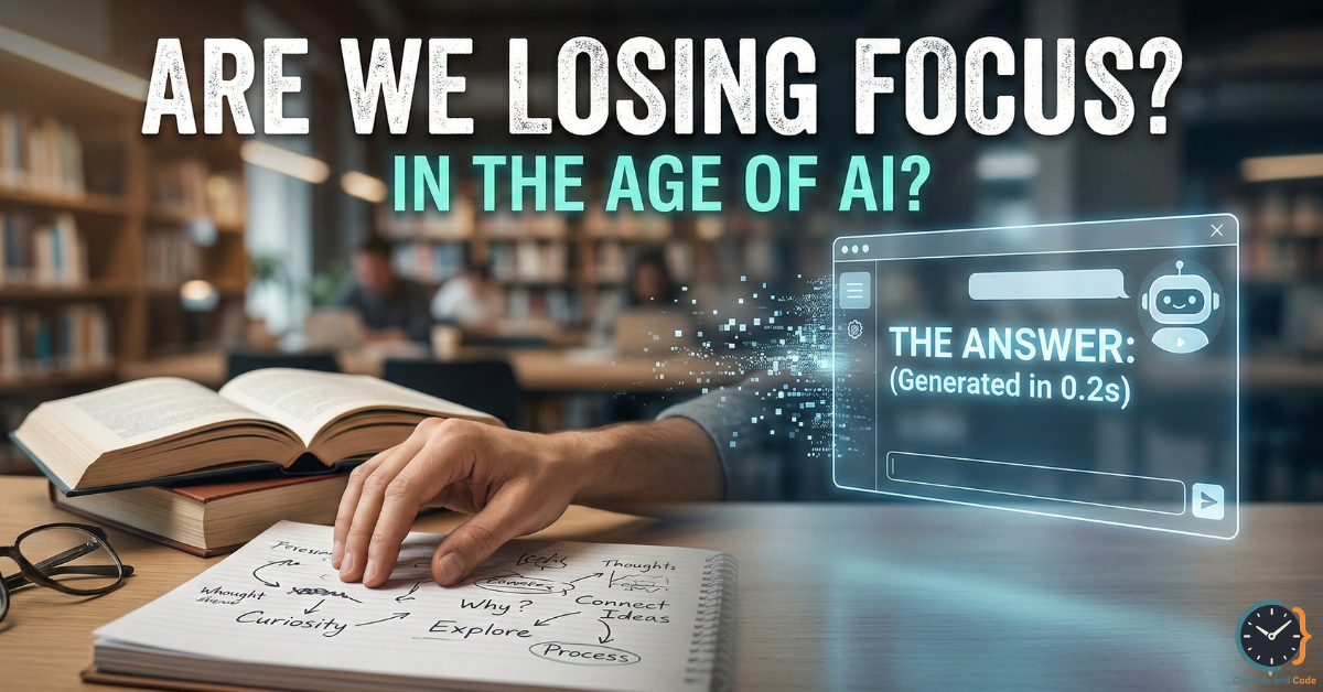 Person studying with books and notes beside an AI interface showing instant answers, representing focus and attention in the age of artificial intelligence.