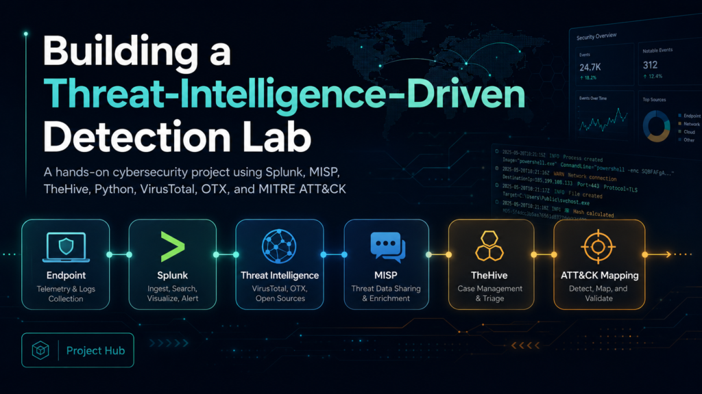 Featured image for a threat-intelligence-driven detection lab showing Endpoint, Splunk, threat intelligence, MISP, TheHive, and MITRE ATT&CK workflow.