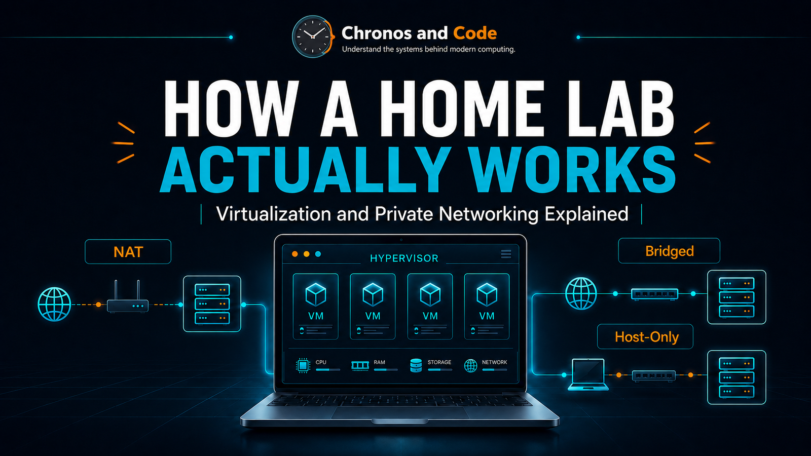 Featured image illustrating a home lab with virtual machines, NAT, bridged, and host-only networking.