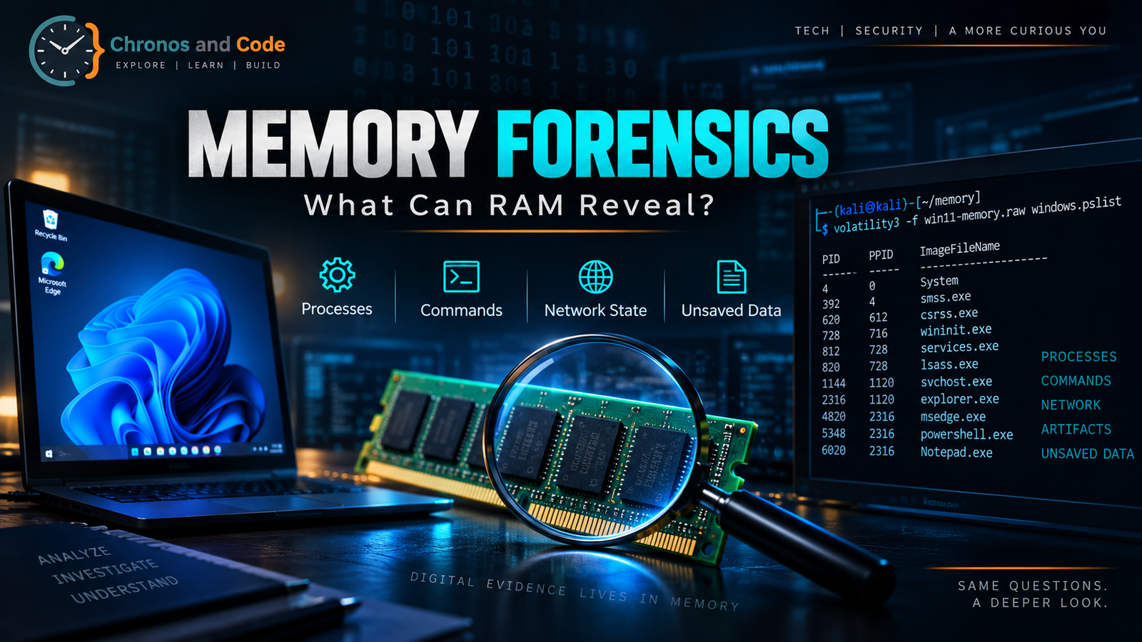 Memory forensics investigation using Volatility 3 to analyze Windows RAM for processes, commands, network activity, and unsaved data.