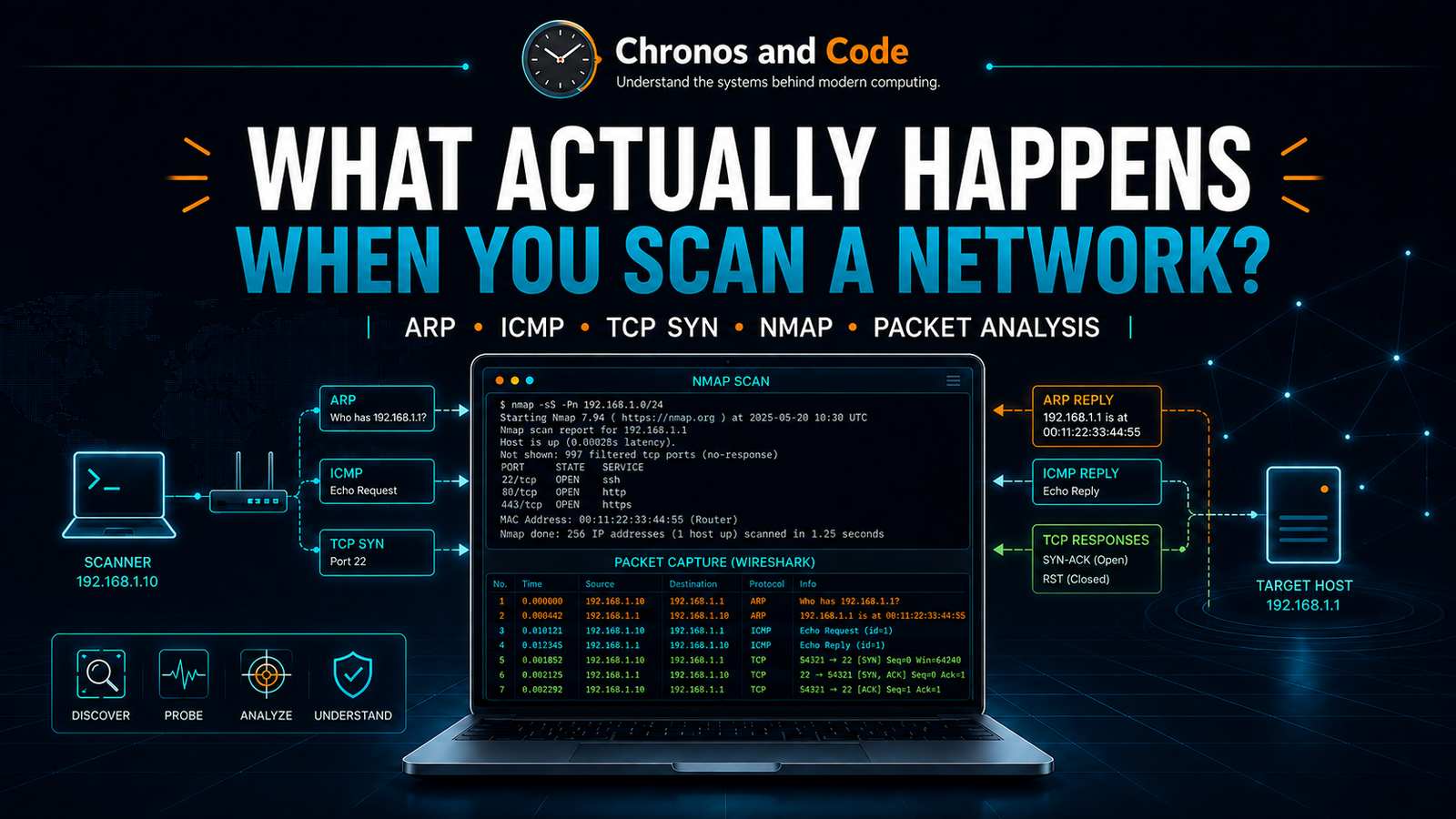 Featured image illustrating network scanning with ARP, ICMP, TCP SYN, Nmap, and Wireshark packet analysis.